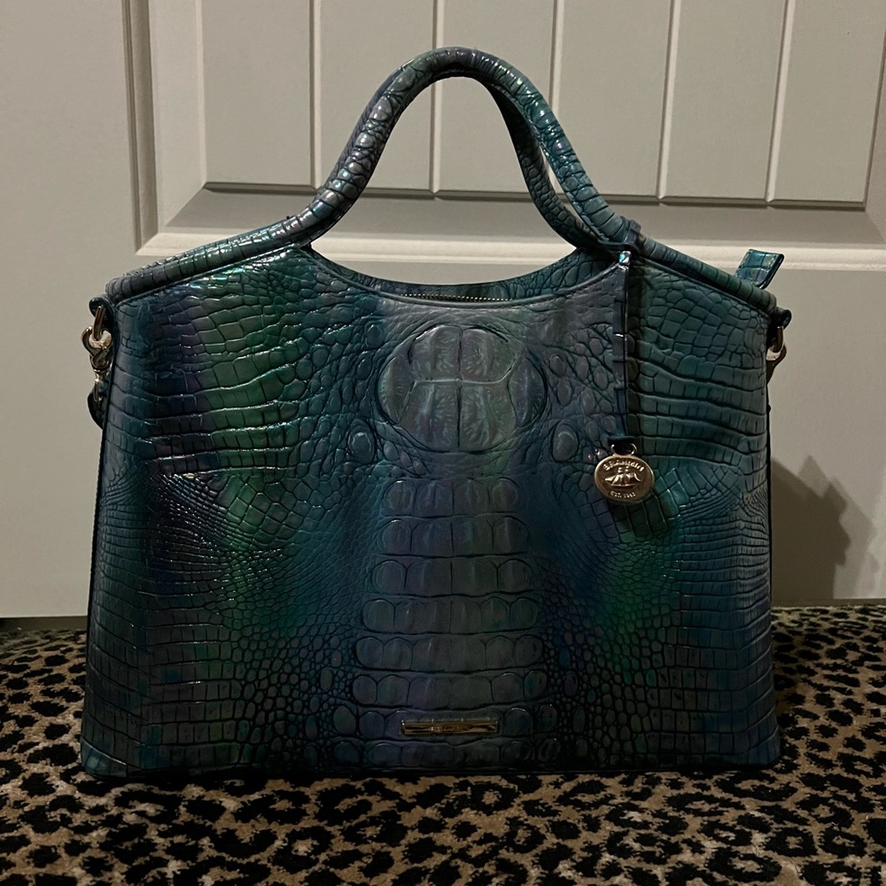 Brahmin Teal Iridescent Croc-Embossed Leather Satchel